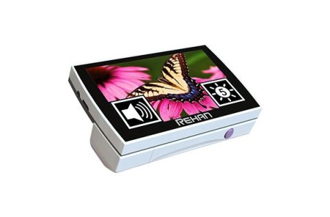 Video magnifier with butterfly displayed on screen. Volume and brightness control buttons in bottom left corners of device and handle collapsed behind device.