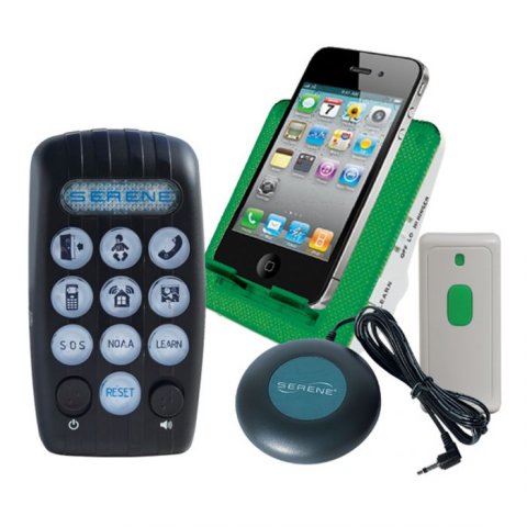An iPhone rests in a green cradle stand, while a remote control device with several menu buttons, a bed shaker, and a small white receiver with a bright green button are also shown.