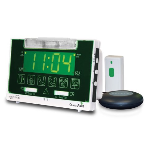 Slim rectangular device with green screen displaying time and other controls along bottom of screen.