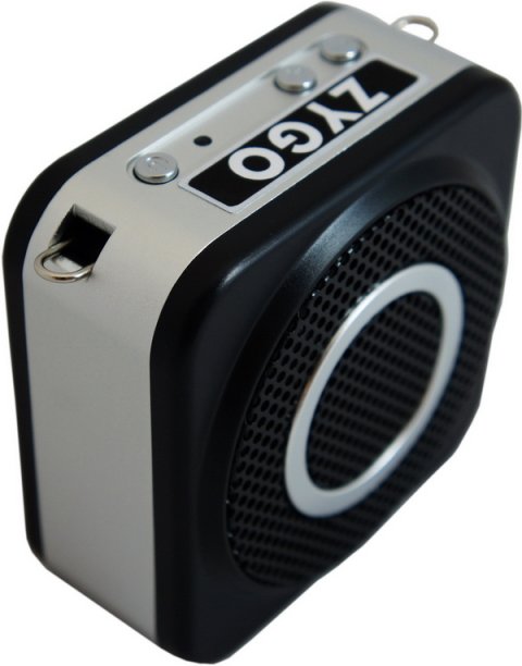 Speaker with gray circle and controls along top edge.