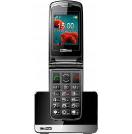 Slim phone with LCD screen and menu and number keys on a docking station