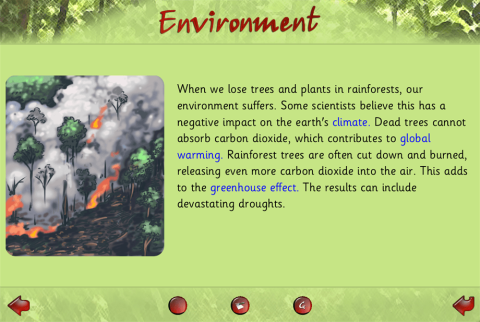 Screen displaying information about the environment with a picture of a forest fire.