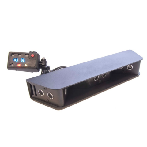 Long rectangular mount holding three camera lenses, which are attached to a small controller.