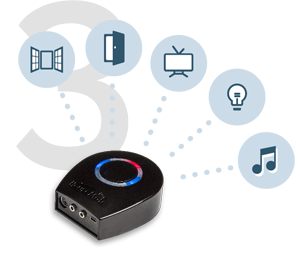 Housemate unit with colored red and blue ring on top. Bubbles extending from unit to signify the ability to control windows, doors, TV, lights, and music from the device.