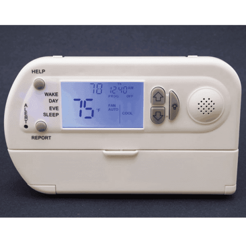 Rectangular thermostat with control buttons on sides of screen and screen to display control settings.