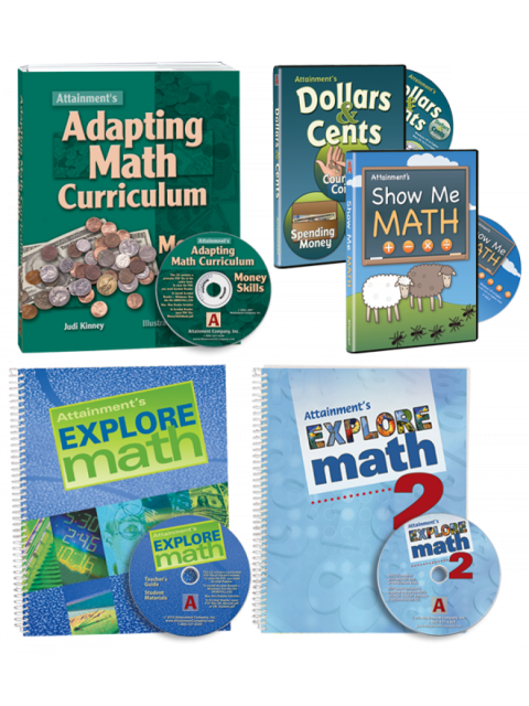 The full collection of workbooks and CDs included in the set Enhance: Math Skills.