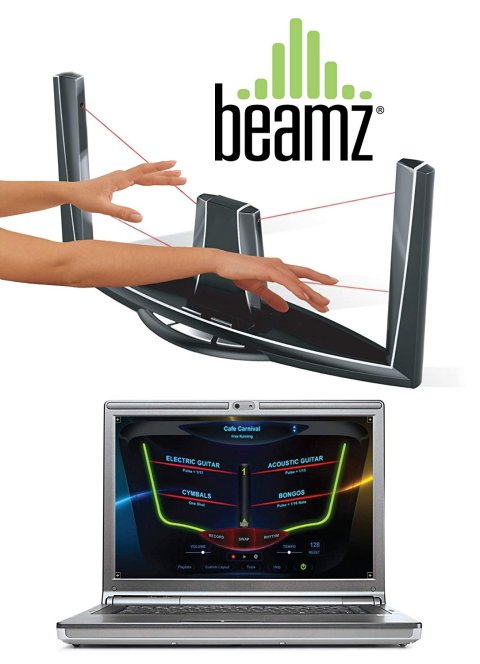 Hands playing the instrument with instructions on laptop screen.