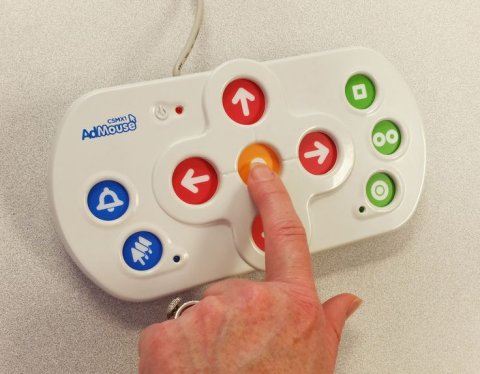 A rounded rectangular device with quarter-sized buttons: 2 blue vertical on the left, 3 green vertical on the right and 5 central buttons, with one in the middle, and 4 positioned around it at north, east, west, and south.