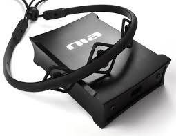 A corded head strap and a rectangular device is shown.