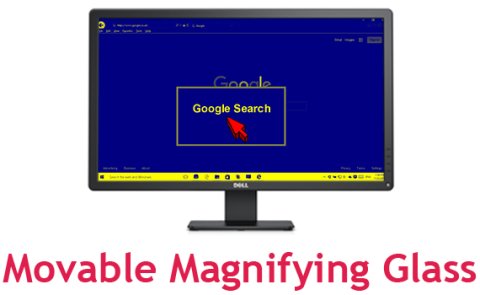 Movable mouse magnifier with a square area surrounding the cursor, magnifying the words "Google Search."