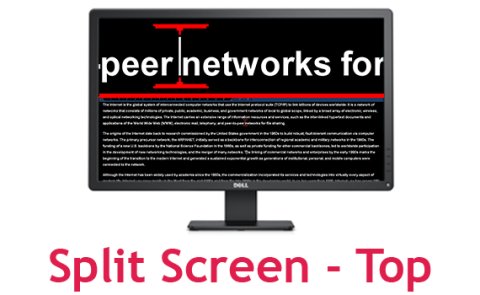 Horizontally split screen with top half magnified, a red dividing line, and text that is not enlarged underneath.