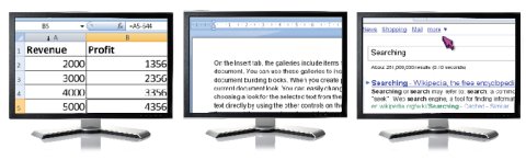 Supernova open on three computer screens, one magnifying a spreadsheet, another magnifying a document, and the last magnifying search engine results.