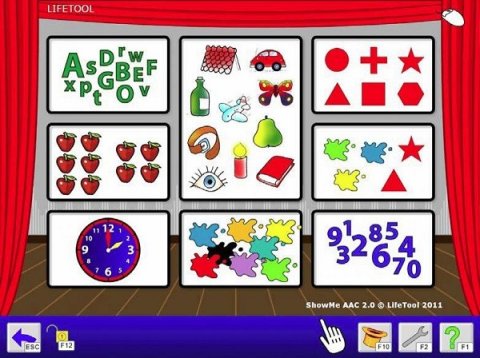 Software menu with illustrated theatre stage background and a menu grid of several different icon graphics.