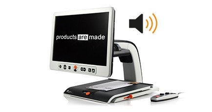 Video magnifier with words on screen and camera embedded in mount arm. Sound icon to display the talking feature.