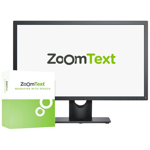Large, horizontal display screen with white background and ZoomText written across the center. Software box on left of display.