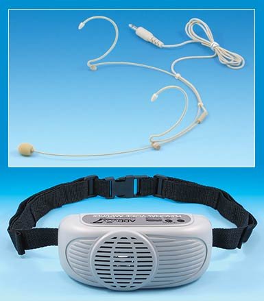Medium-sized off-white device that resembles a "boom box," with a black strap attached. Above,  an off-white microphone is shown.