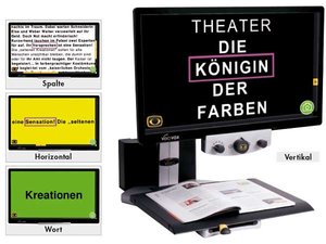 Medium-sized monitor with a connected platform underneath at its base. The platform allows materials to be placed and magnified. On the bottom front edge of the monitor, there are three round knobs. It features multiple high-contrast color options, including green and black, yellow and black, white and black, and black and white.