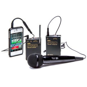 Wireless Audio System consisting of a transmitter, receiver, and a handheld mic. An iPhone is connected by cable to the receiver.