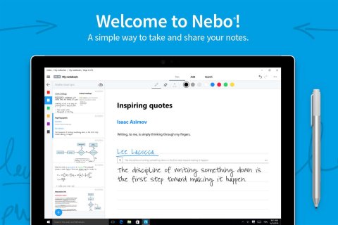 The MyScript Nebo app open on a mobile device. Documents are organized in a column on the left side with an open document open on the right. Active pen styling options are available in a row at the top of the screen.