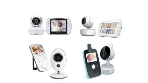 Various models of video monitors. They include two components: the first is a small, free-standing camera that resembles a webcam; the second component is a small device with a screen resembling a small smartphone. All of these devices have a built-in kickstand. One has a very short antenna. Three of the monitor systems are white; one is black and teal, with a white camera component.