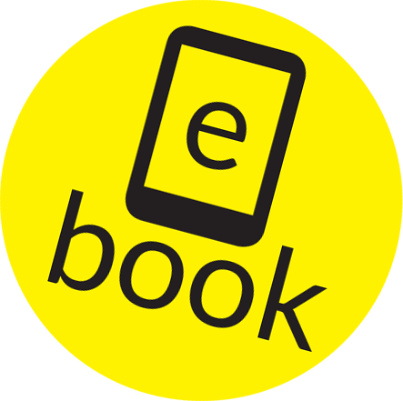 A graphics logo with the word "e book" in black font and a simple, black illustration of an e-reader. The letter "e" is written over the screen of the e-reader illustration. There is a bright yellow circle in the background of the graphic.