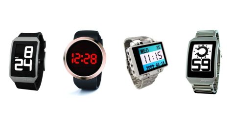 Various models of large display digital watches. They resemble standard digital watches with large, high-contrast displays and numbers. Two displays are rectangular and vertical; one is round; and another is a horizontal rectangular display. Two watches are silver; one is black and grey; and another is black and copper.