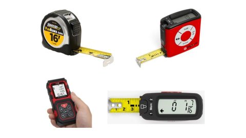 Various models of digital measuring tapes. Three resemble standard measuring tapes, but with digital display screens and a set of menu buttons. One of these is small and long, while the others are larger, with one being round and the third being square. The fourth model is a small, long, and rectangular device (similar to a small, first-generation iPod) with a display screen and menu buttons. This model has no measuring tape. Two models are black with yellow tape; one is red; the fourth is red and black.