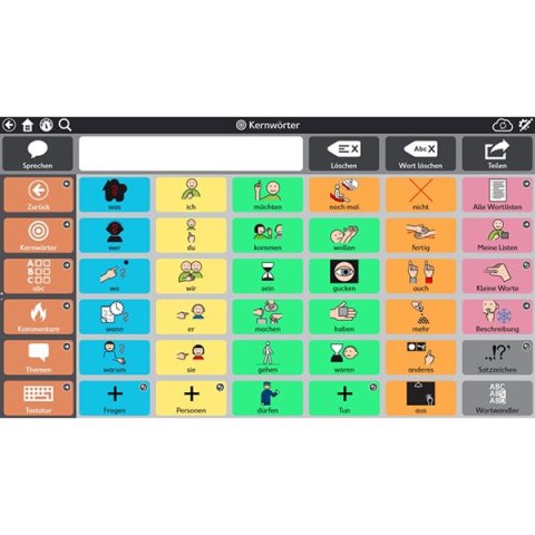 A screenshot of seven columns and six rows with a different symbol in each cell. The columns are orange, blue, yellow, green, orange, and pink. At the top of the screen, there is a menu bar and text input bar.