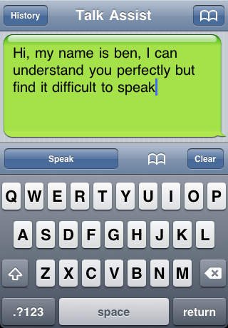 iphone screen with onscreen keyboard and textbox with "speak" and "clear" buttons.