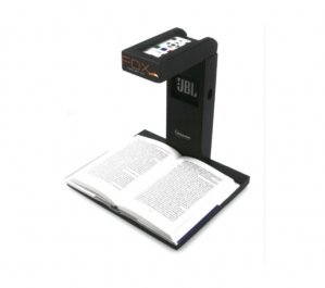 Stand device with a camera above and a platform base at the bottom to place printed materials on. The device is black in colour.