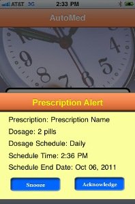 Screenshot showing image of a clock face on and text on the bottom with medication reminder information.