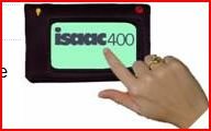 Women's hand with index finger touching display of a small, rectangular handheld device.