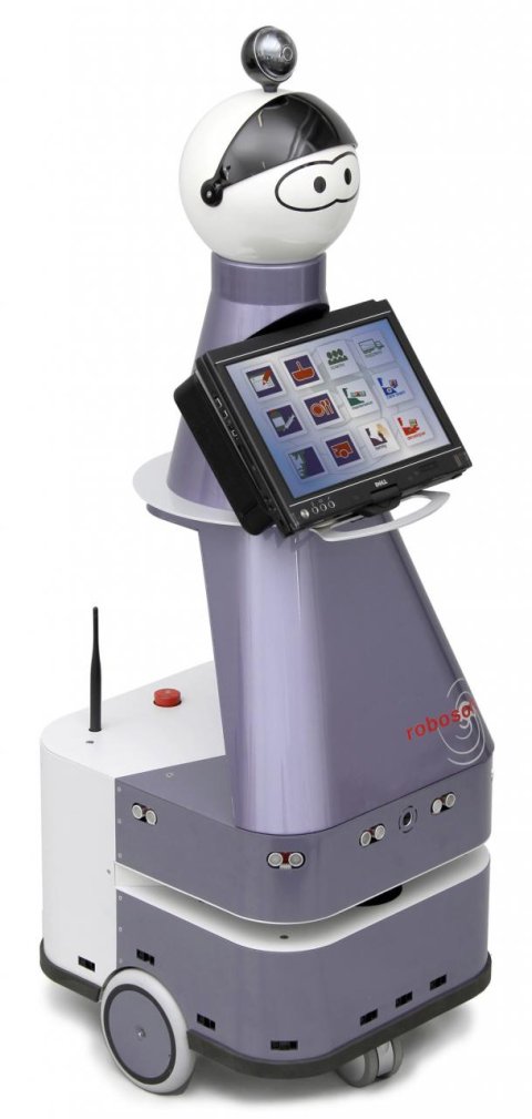 Mobile child-sized robot holding a touch screen.