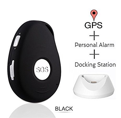 Oblong black handheld device with silver SOS button in center, and small white charging dock on right.