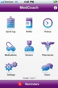 Screen shot showing eight function buttons and purple bars across top and bottom of screen.