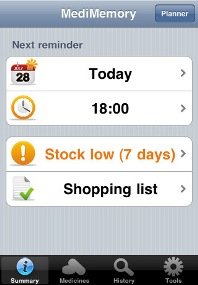 Sreenshot showing calendar and clock timer for medication and a shopping list.
