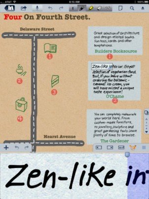Screenshot showing a map on one side and note blocks on the other and large, handwritten text on the bottom.