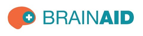 White horizontal bar with orange brain shape on left and a green medical cross on forehead and BrainAid text on right.