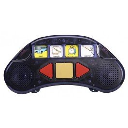 Black, half-moon shaped device with two speakers at either end, left and right facing red arrows buttons, and four display windows across the top.