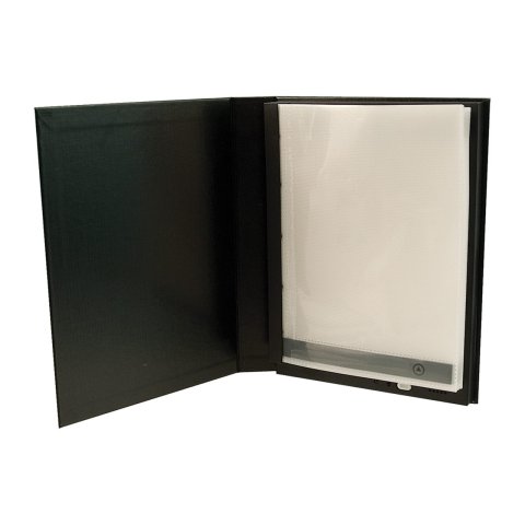 Open photo album with black cover on the left and white pages on the right.