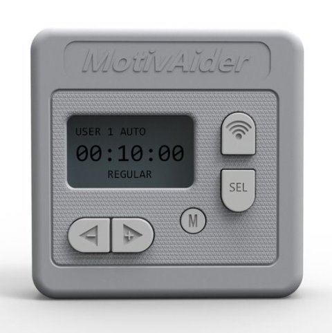 Small square, gray device with a small rectangular display and control buttons on the bottom and the right side.