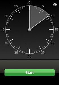 Screenshot of an analog clock timer with green horizontal start button at the bottom of the screen.
