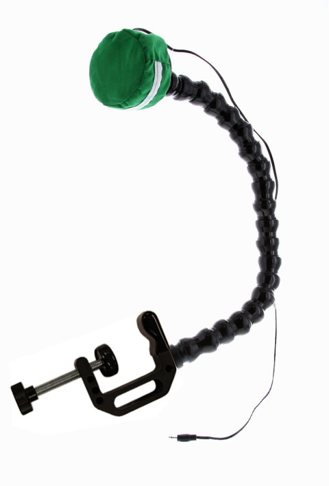 Green zippered pouch attached to black flexible arm with a clamp on the end.
