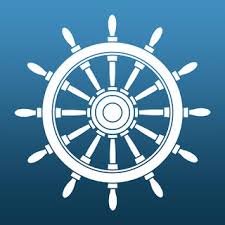 Blue square with a ship steering wheel in the center.