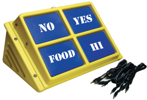 A medium-sized, yellow, and rectangular device that features four blue squares with writing. The squares read "no," "yes," "food," and "hi." The device has a built-in kickstand. A black cord is shown next to the device.