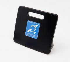 A black square with a cut-out at the top, similar to that of a clipboard, with the universal "hearing-impaired" symbol in the center.