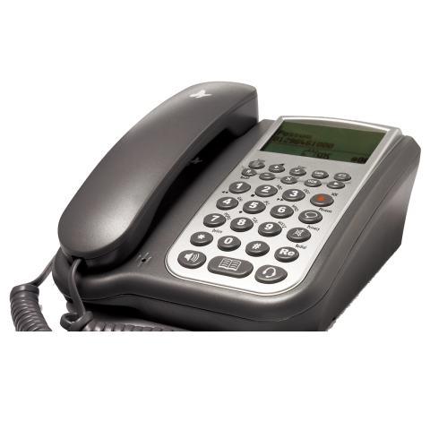 A black corded telephone set.