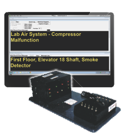 A computer model displaying a program with two alert messages that read "Lab Air System - Compressor Malfunction" and "First Floor, Elevator 18 Shaft, Smoke Detector." The messages are in high-contrast yellow font against a black background. 