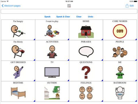Screenshot of pictographic menu with options such as home, core words, activities, and phrases.