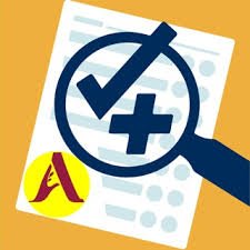An orange-colored square with a magnifying glass over a piece of paper with a large check mark and plus sign inside and a capital letter A in red within a small yellow circle on the lower left side.